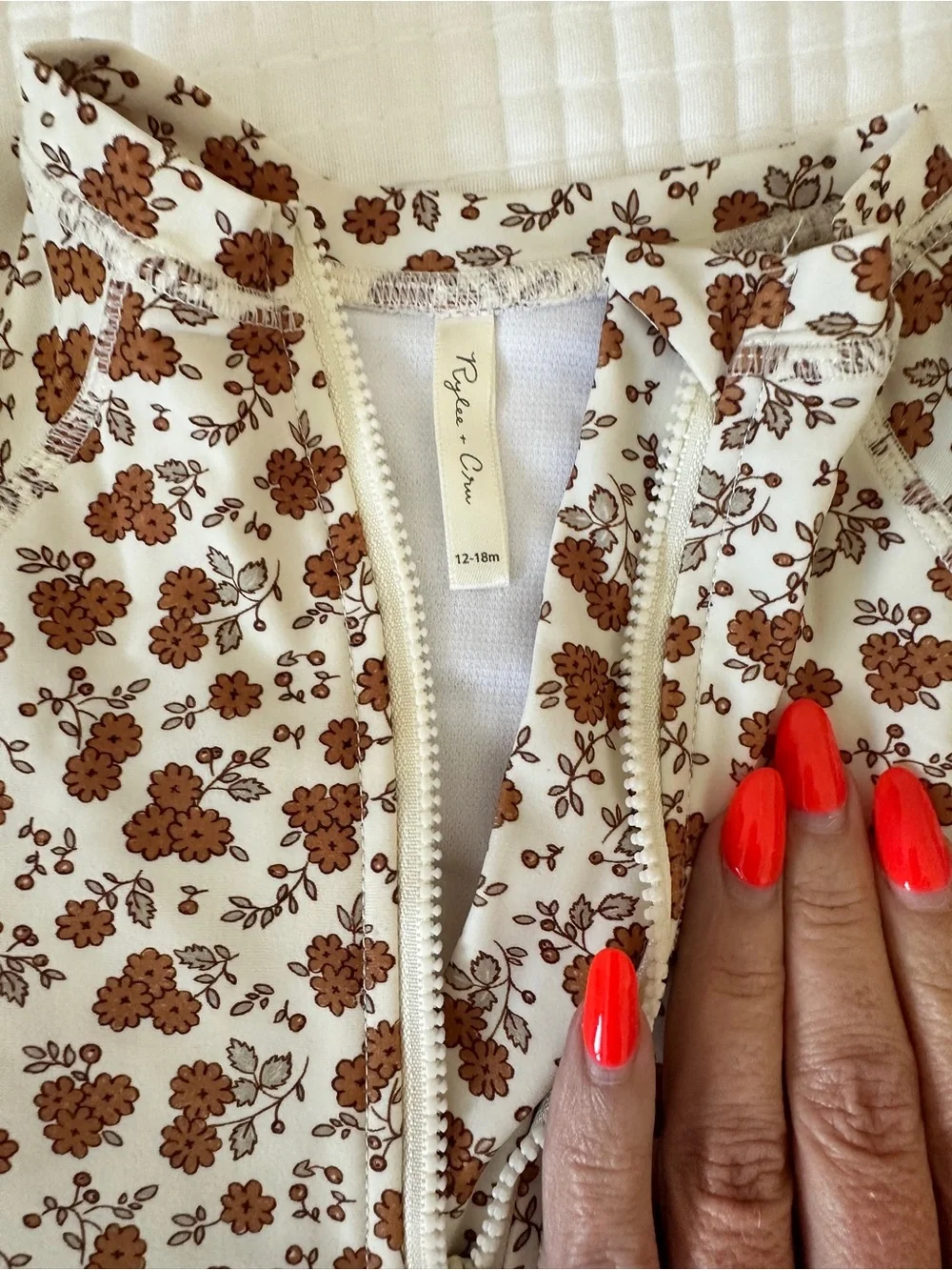 Rylee + Cru Cream Long-Sleeve One-Piece with Brown Floral Print